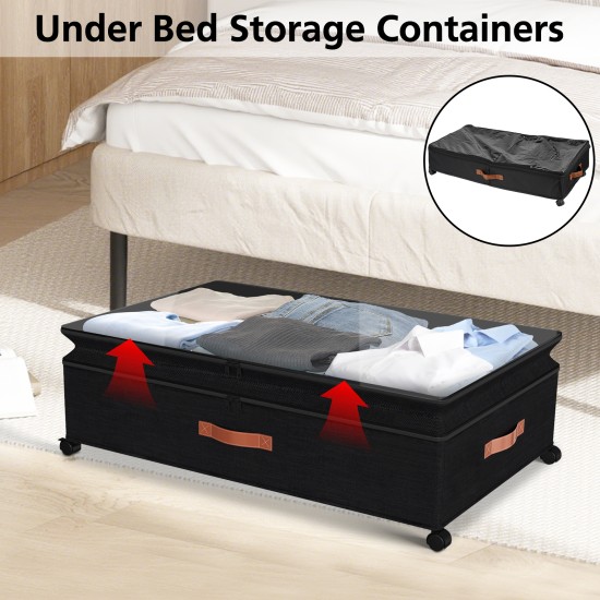 Height Adjustable Under Bed Storage Containers with Wheels Visible Cover Rolling Trolley Box Organizer for Shoes Clothes Blankets Black