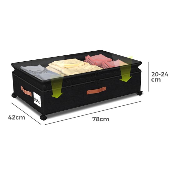 Height Adjustable Under Bed Storage Containers with Wheels Visible Cover Rolling Trolley Box Organizer for Shoes Clothes Blankets Black