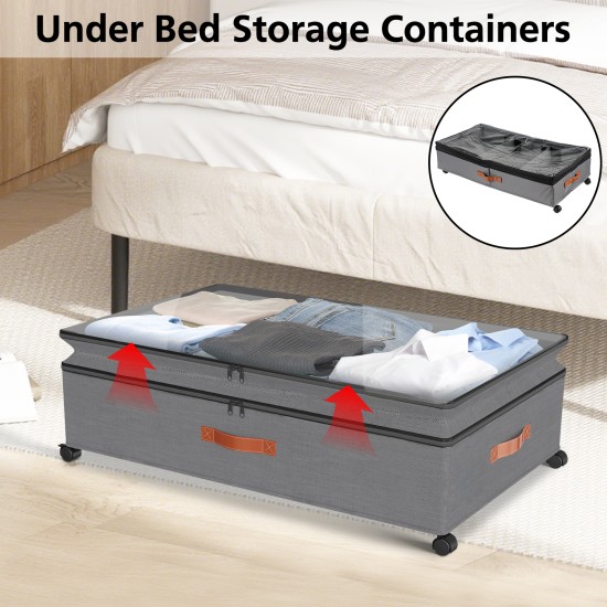 Height Adjustable Under Bed Storage Containers with Wheels Visible Cover Rolling Trolley Box Organizer for Shoes Clothes Blankets