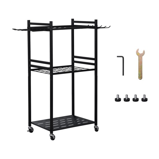 3 Tier Heavy Duty Garden Tool Organizer Rack with Wheels | Metal Rolling Storage Cart for Garage, Yard, Patio, Shed & Indoor/Outdoor Use