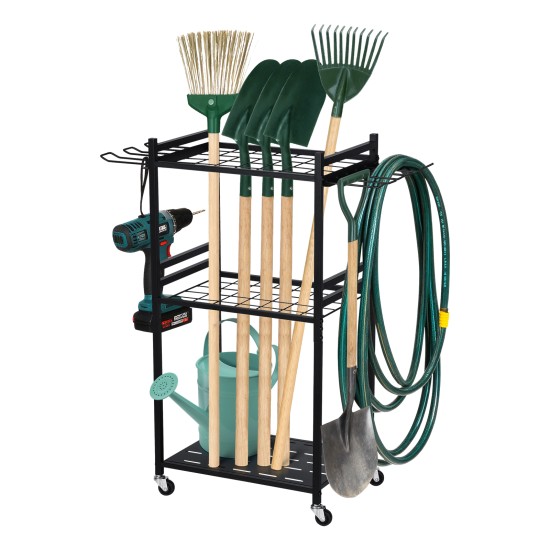 3 Tier Heavy Duty Garden Tool Organizer Rack with Wheels | Metal Rolling Storage Cart for Garage, Yard, Patio, Shed & Indoor/Outdoor Use