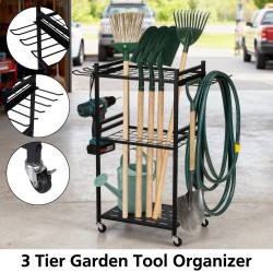 3 Tier Heavy Duty Garden Tool Organizer Rack with Wheels | Metal Rolling Storage Cart for Garage, Yard, Patio, Shed & Indoor/Outdoor Use