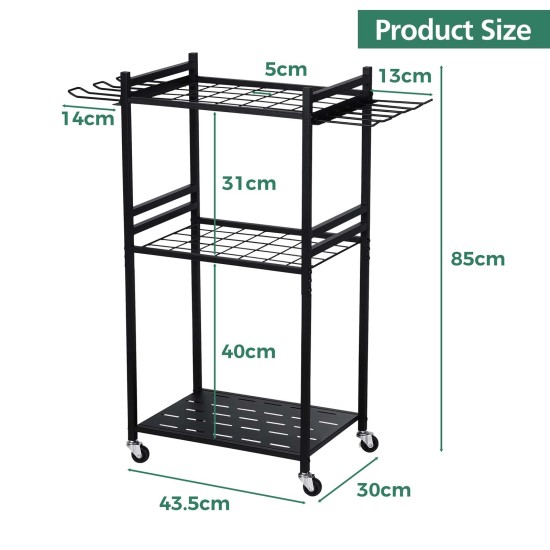 3 Tier Heavy Duty Garden Tool Organizer Rack with Wheels | Metal Rolling Storage Cart for Garage, Yard, Patio, Shed & Indoor/Outdoor Use