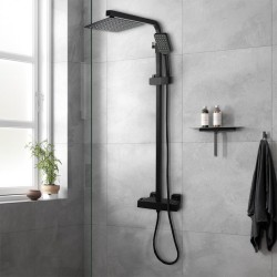 8 inch Square Matte Black Twin Shower Set with Thermostatic Mixer Bottom Water Inlet Adjustable Rail