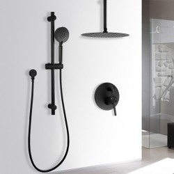 Round Matte Black Rainfall Shower Head And Slide Shower Bathroom Twin Shower Set With Wall Mixer