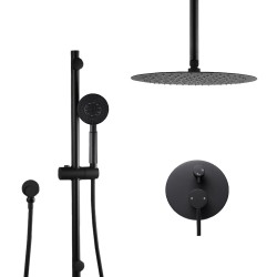 Round Matte Black Rainfall Shower Head And Slide Shower Bathroom Twin Shower Set With Wall Mixer