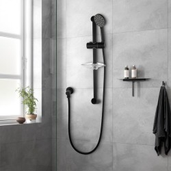 Round Black Shower Rail Sliding Holder with Soap Dish Water Hose & Wall Connector