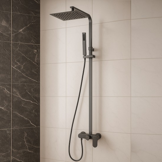 10 inch 250mm Square Gunmetal Grey Shower Tower With Rain Head Bottom Water Inlet