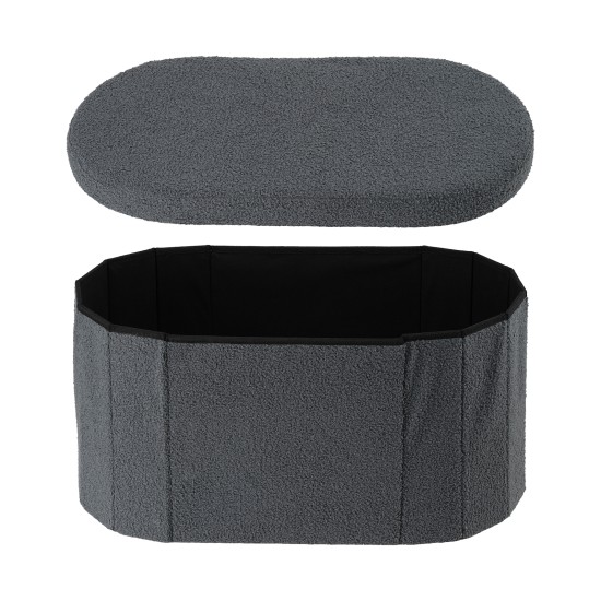 108L Oval Boucle Folding Ottoman Storage Bench Foldable Chair Deep Gray