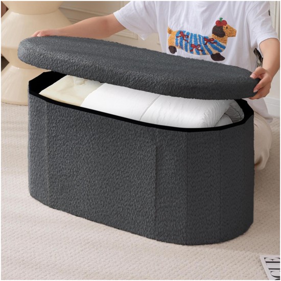 108L Oval Boucle Folding Ottoman Storage Bench Foldable Chair Deep Gray