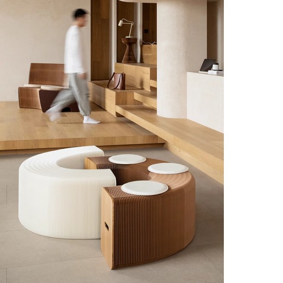 3 Seats Kraft Paper Bench Portable Folding Sofa Foot Stool Shoe Bench White