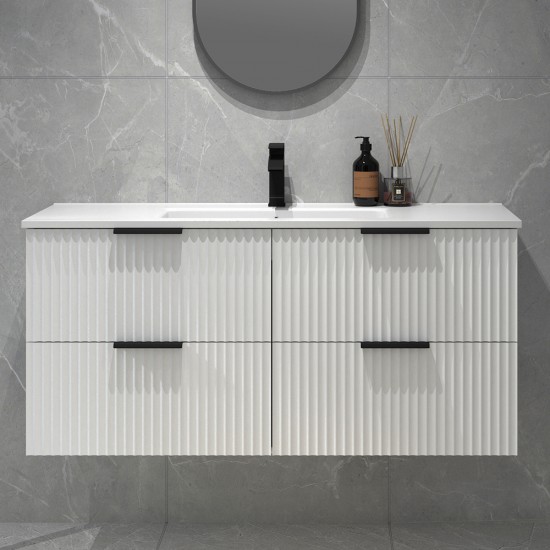Billy 1210x465x585mm Plywood Matt White Wall Hung Fluted Curve Vanity With Ceramic Top