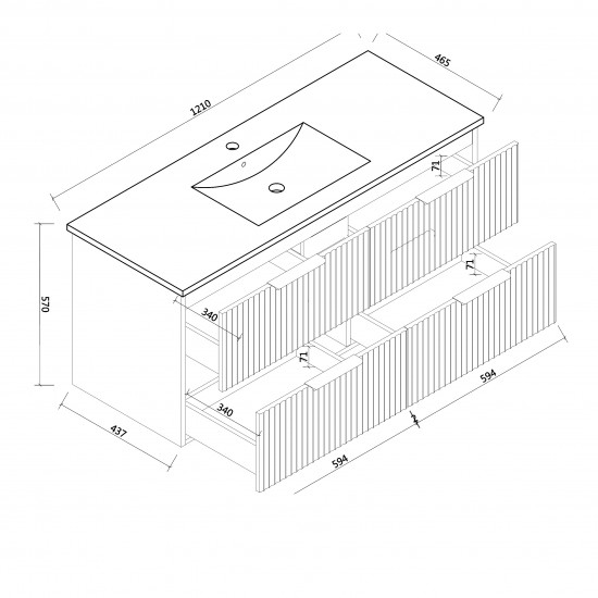 Billy 1210x465x585mm Plywood Matt White Wall Hung Fluted Curve Vanity With Ceramic Top