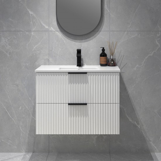 Billy 755x465x585mm Plywood Matt White Wall Hung Fluted Curve Vanity With Ceramic Top