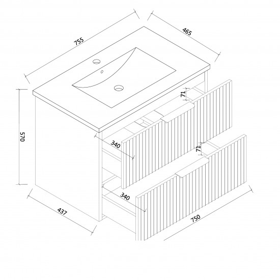 Billy 755x465x585mm Plywood Matt White Wall Hung Fluted Curve Vanity With Ceramic Top