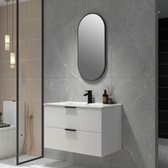 Billy 910x465x585mm Plywood Matt White Wall Hung Fluted Curve Vanity With Ceramic Top