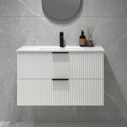 Billy 910x465x585mm Plywood Matt White Wall Hung Fluted Curve Vanity With Ceramic Top