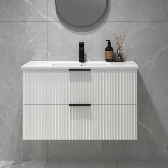 Billy 910x465x585mm Plywood Matt White Wall Hung Fluted Curve Vanity With Ceramic Top