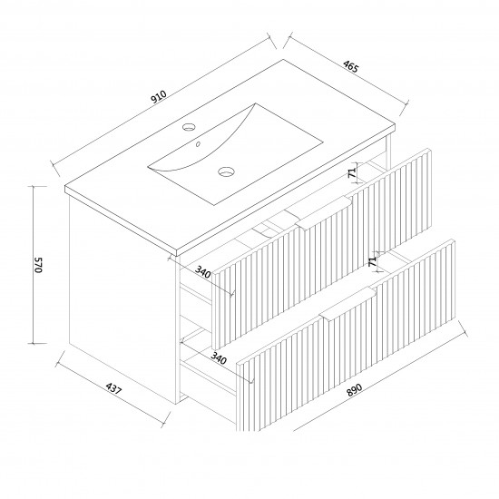Billy 910x465x585mm Plywood Matt White Wall Hung Fluted Curve Vanity With Ceramic Top