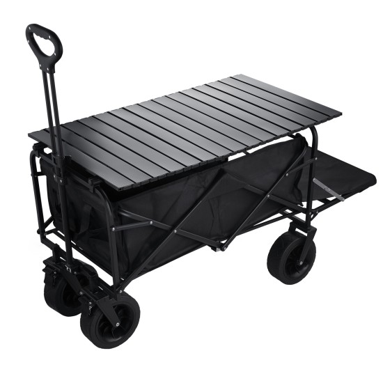 Foldable Outdoor Wagon Trolley Cart Folding Dining Table Metal Frame Collapsible 360° Swivel Wheel with Brake Storage Car Adjustable Handle Camping  Picnic