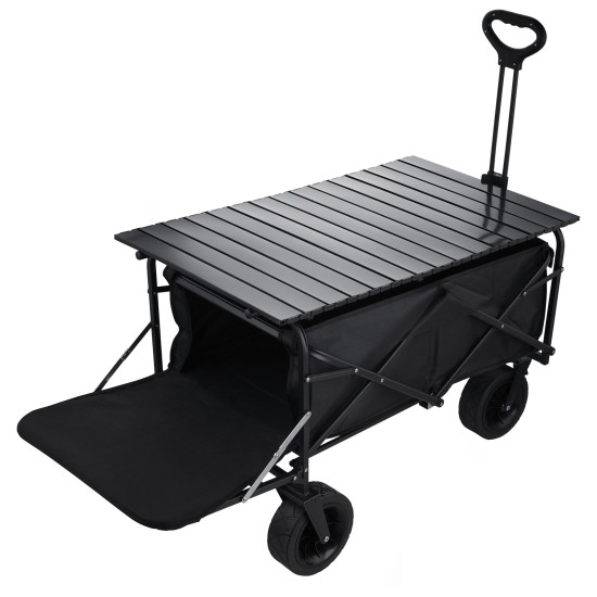 Foldable Outdoor Wagon Trolley Cart Folding Dining Table Metal Frame Collapsible 360° Swivel Wheel with Brake Storage Car Adjustable Handle Camping  Picnic