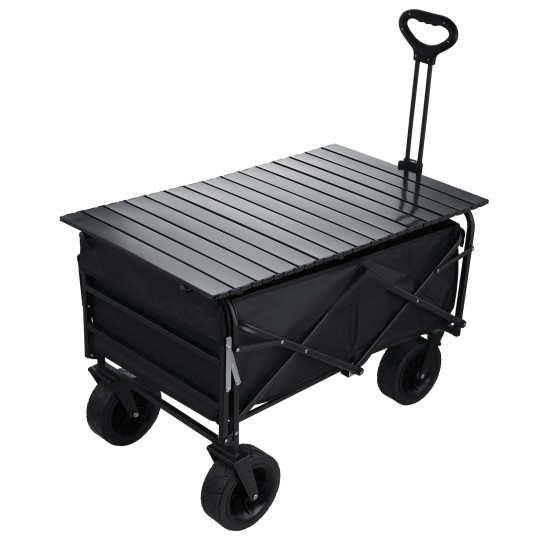 Foldable Outdoor Wagon Trolley Cart Folding Dining Table Metal Frame Collapsible 360° Swivel Wheel with Brake Storage Car Adjustable Handle Camping  Picnic