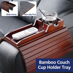 Non-slip Foldable Sofa Armrest Clip On Tray Sliding Detachable Cup Holder Couch Shelf Side Table Remote Control Phone Snacks Drinks Organizer Rack Mahogany Brown