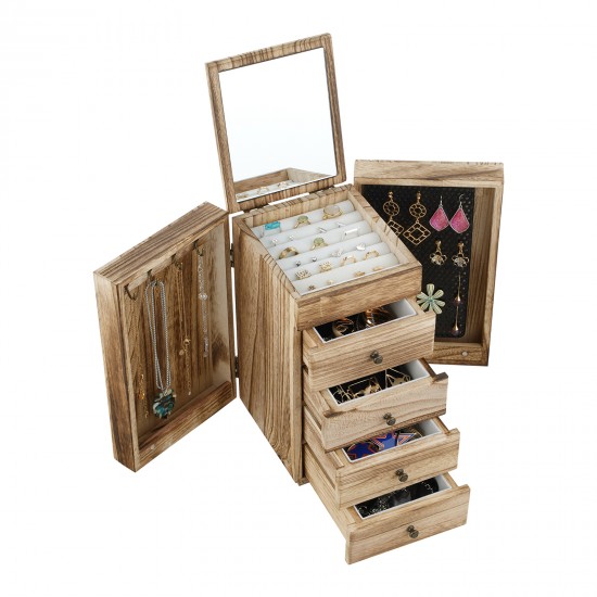 5-Layer Wood Jewelry Box with Mirror and Drawers for Women - Organize and Store Necklaces, Earrings, Rings, and Bracelets with Ease