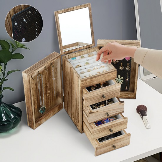 5-Layer Wood Jewelry Box with Mirror and Drawers for Women - Organize and Store Necklaces, Earrings, Rings, and Bracelets with Ease