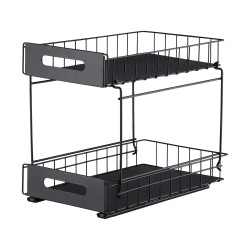 2-Tier Under-Sink Pull-Out Organizer, No-Drill Installation Sliding Bathroom/Kitchen Cabinet Storage Basket  Black