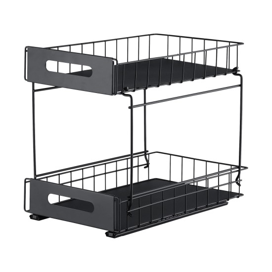 2-Tier Under-Sink Pull-Out Organizer, No-Drill Installation Sliding Bathroom/Kitchen Cabinet Storage Basket  Black