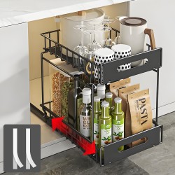 2-Tier Under-Sink Pull-Out Organizer, No-Drill Installation Sliding Bathroom/Kitchen Cabinet Storage Basket  Black