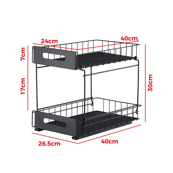 2-Tier Under-Sink Pull-Out Organizer, No-Drill Installation Sliding Bathroom/Kitchen Cabinet Storage Basket  Black