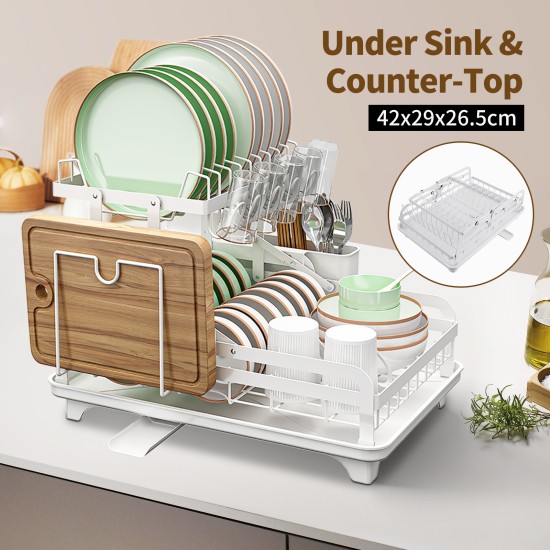 2 Tier Foldable Dish Drying Rack Kitchen Plate Bowl Cup Organizer Cutlery Storage White