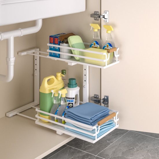 2 Tier Slide Out Under Sink Organizers And Storage Height Adjustable Wooden Handle Pull Out Cabinet Organizer Drawers White