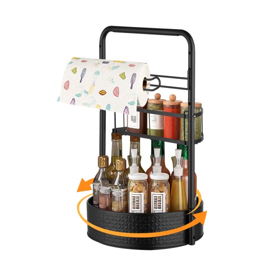2-Tier Adjustable Lazy Susan Spice Rack, 360° Rotating Countertop Organizer with Removable Towel Holder & Semi-Circle Basket