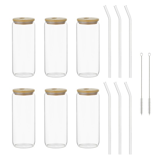 6PCs 500ml Mason Jar Clear Glass Tumbler Iced Drinking Tea Coffee Beer Cups Lids Straws Brushes Gift