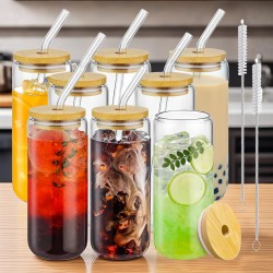 6PCs 500ml Mason Jar Clear Glass Tumbler Iced Drinking Tea Coffee Beer Cups Lids Straws Brushes Gift