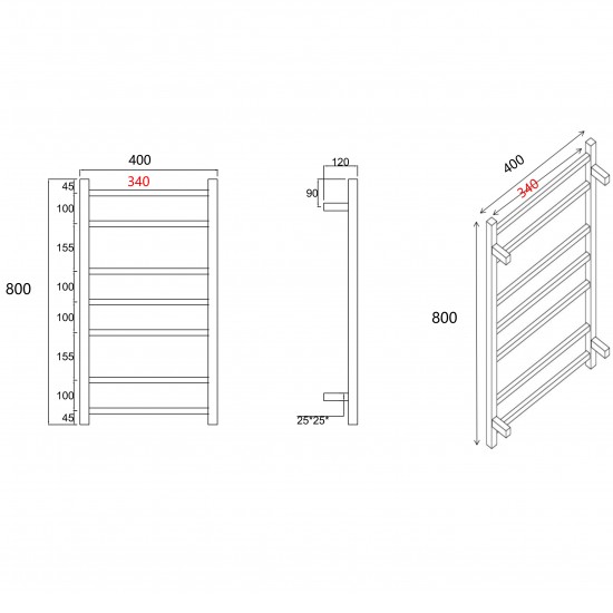 800Hx400Wx120D mm Square Chrome Electric Heated Towel Rail 7 Bars
